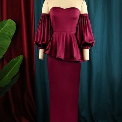  Plus Size Pure Color Ruffled Off Shoulder Party Dress