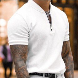 Men's Solid Color Zipper Up Short Sleeve Polo Shirt