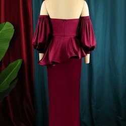  Plus Size Pure Color Ruffled Off Shoulder Party Dress