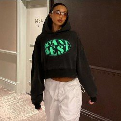  American Retro Letter Printing Hooded Crop Sweater