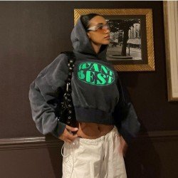  American Retro Letter Printing Hooded Crop Sweater