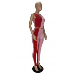 Patchwork Color Blocking Sleeveless Cropped Top And Trouser Sets Patchwork Color Blocking Sleeveless Cropped Top And Trouser Sets