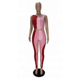 Patchwork Color Blocking Sleeveless Cropped Top And Trouser Sets Patchwork Color Blocking Sleeveless Cropped Top And Trouser Sets