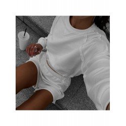  Pure Color Round Neck Top And Shorts Sets