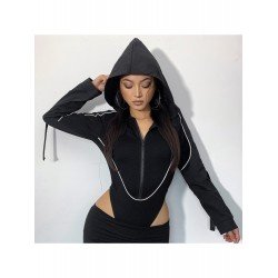 Patchwork Hooded Collar Long Sleeve Black Bodysuits