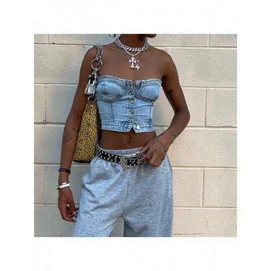  2024 Stylish Pure Color Backless Women's Denim Vest
