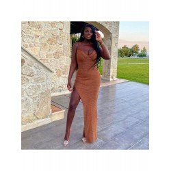 Ladies Solid Spaghetti Straps Slit Maxi Dress Ladies Solid Spaghetti Straps Slit Maxi Dress