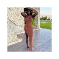 Ladies Solid Spaghetti Straps Slit Maxi Dress