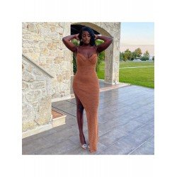 Ladies Solid Spaghetti Straps Slit Maxi Dress Ladies Solid Spaghetti Straps Slit Maxi Dress