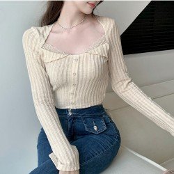 New Ladies Lace Patchwork Long Sleeve Tops