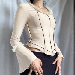 Latest Patchwork Flare Sleeve Long Sleeve Tops