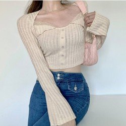 New Ladies Lace Patchwork Long Sleeve Tops