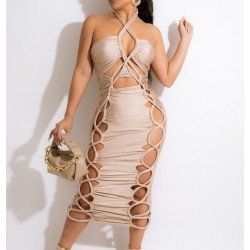 Sexy Hollow Out Halter Backless Sleeveless Dress