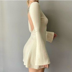 Flare Sleeve Solid Casual Fall Short Dress