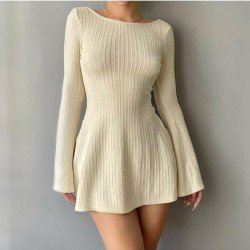 Flare Sleeve Solid Casual Fall Short Dress