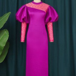  Round Neck Lace Patchwork Lantern Sleeve Women's Dress