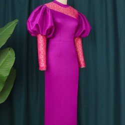  Round Neck Lace Patchwork Lantern Sleeve Women's Dress