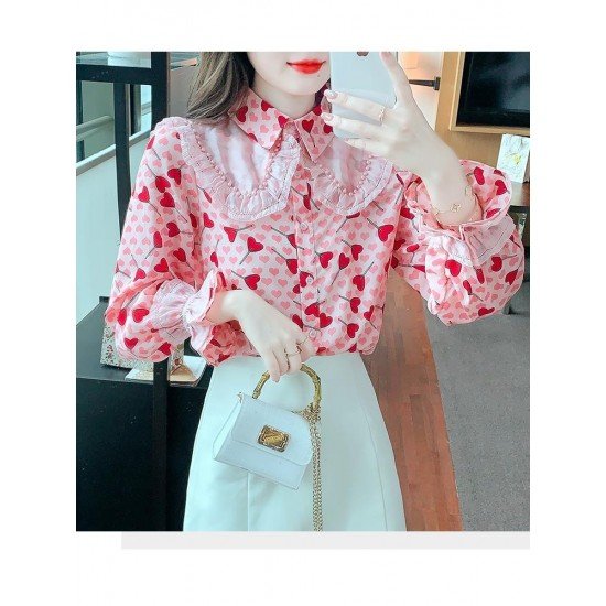  2024 Heart Printing Beaded Women's Chiffon Shirt
