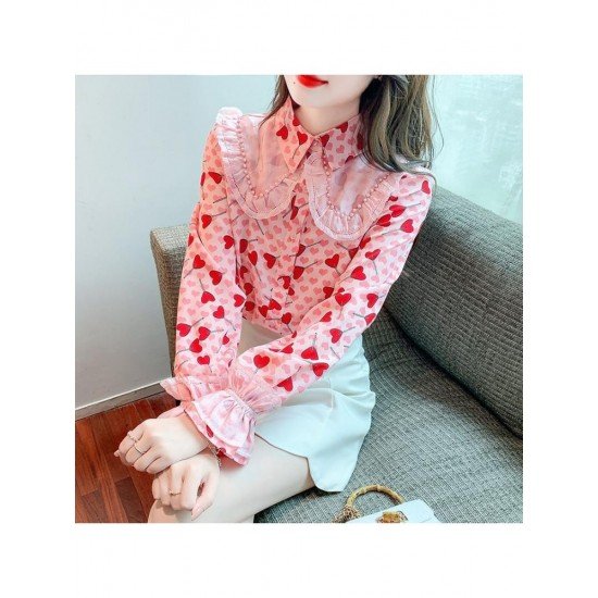  2024 Heart Printing Beaded Women's Chiffon Shirt