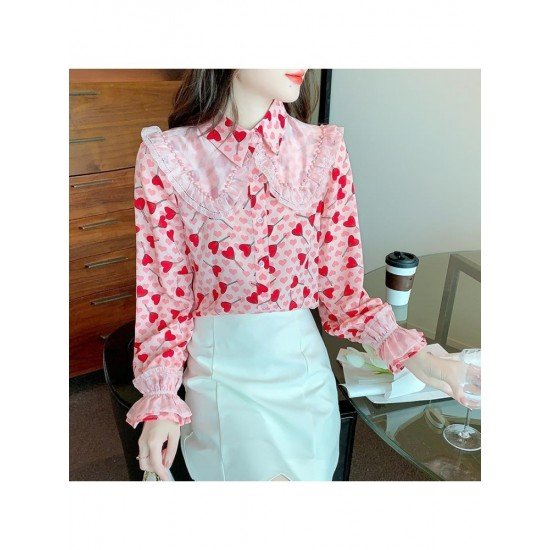  2024 Heart Printing Beaded Women's Chiffon Shirt