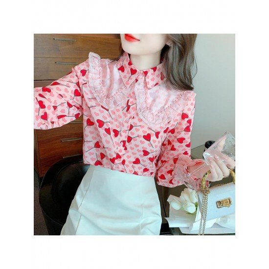  2024 Heart Printing Beaded Women's Chiffon Shirt
