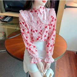  2024 Heart Printing Beaded Women's Chiffon Shirt