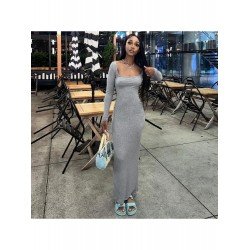 Square Neck Black Solid Long Sleeve Maxi Dress Square Neck Black Solid Long Sleeve Maxi Dress