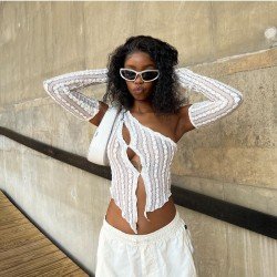 One Shoulder Cut Out Sleeveless Top With Arm Sleeve
