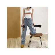 Summer Ripped Hole Blue Straight Leg Jeans