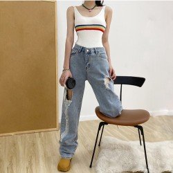 Summer Ripped Hole Blue Straight Leg Jeans