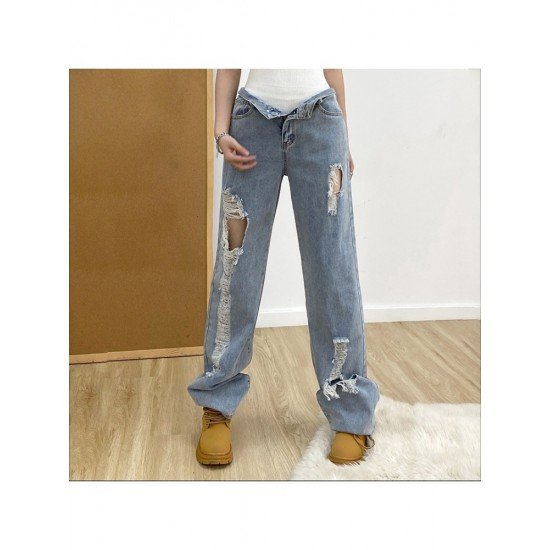 Summer Ripped Hole Blue Straight Leg Jeans