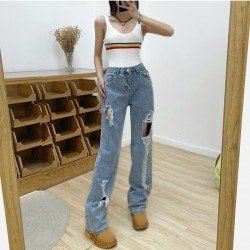 Summer Ripped Hole Blue Straight Leg Jeans