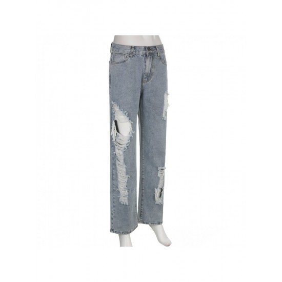 Summer Ripped Hole Blue Straight Leg Jeans