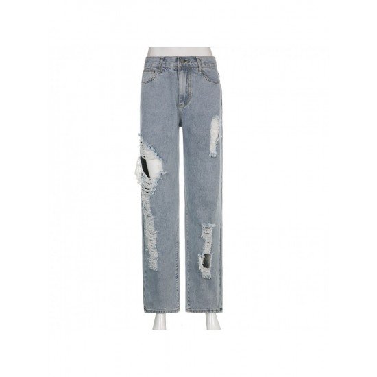 Summer Ripped Hole Blue Straight Leg Jeans