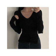 V Neck Black Fitted Long Sleeve T Shirts