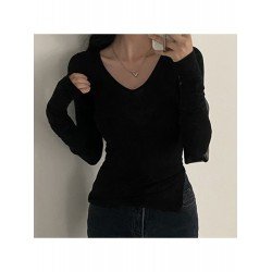 V Neck Black Fitted Long Sleeve T Shirts