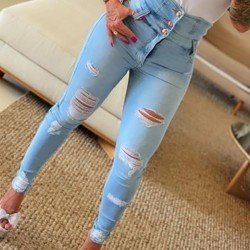  Fashion Casual Ripped Pure Color Jeans