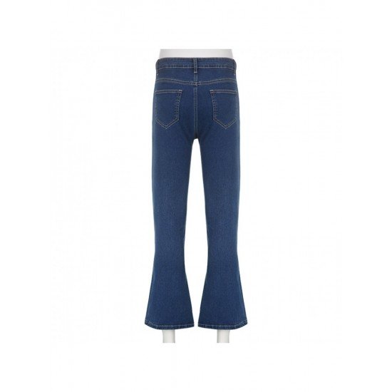 Vintage Star Printed Blue Flare Jeans For Ladies