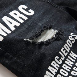Black Letter Printed Ripped Half Length Jeans For Men