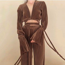  V Neck Strap Top And Loose Trouser Sets