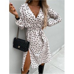 Casual V Neck Dots Split Hem Women's Dress  Casual V Neck Dots Split Hem Women's Dress