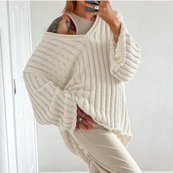  Lazy Loose V Neck Women's Long Sleeve Sweater
