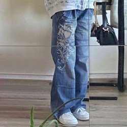 New Patchwork Printed Straight Leg Black Jeans