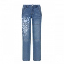 New Patchwork Printed Straight Leg Black Jeans