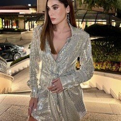  Fashion Pure Color Sequins Women's Long Sleeve Dress
