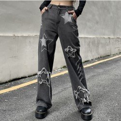 Star Pattern Loose Straight Leg Ripped Jeans