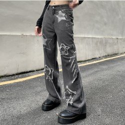 Star Pattern Loose Straight Leg Ripped Jeans