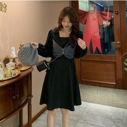  French Square Neck Bow Women's Long Sleeve Dress