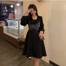  French Square Neck Bow Women's Long Sleeve Dress