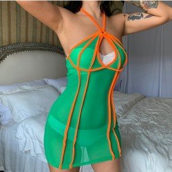 Patchwork See Through Halter Mini Dress